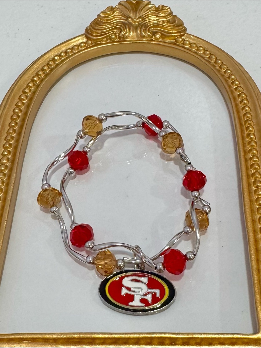 New Red and Gold Beaded Charm Bracelet with Team Oval Pendant